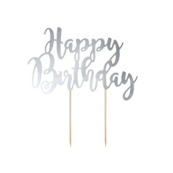 Cake Topper Happy Birthday Silver  Cm20.5xh23cm