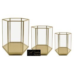 SET 3 PZ TERRARIUM VETRO METALLO ORO 350X300X540