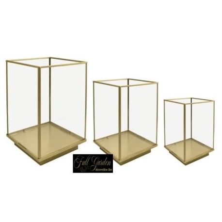 SET 3 PZ TERRARIUM VETRO METALLO ORO 300X300X540