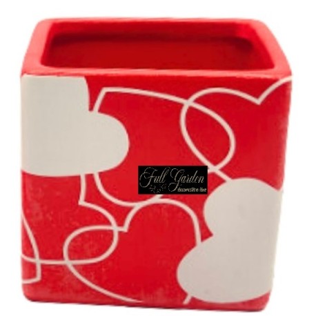 VASO CERAMICA CUBO ROSSO CON CUORI